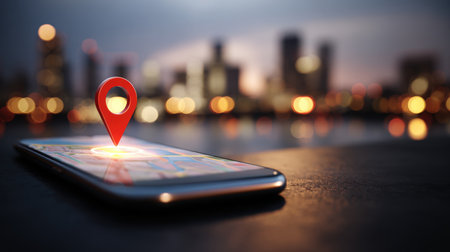Close-up image of a mobile phone screen displaying a GPS location marker. A blurred city skyline is visible in the background, highlighting a digital travel concept.の素材