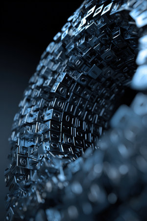 Abstract 3D render depicting a digital trophy formed by binary digits. The image features metallic blue tones, smooth reflections, and a clean composition without words or numbers.の素材