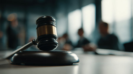 Close-up image of a gavel on a white desk with blurred lawyers in the background, symbolizing modern justice. The cinematic depth of field emphasizes the legal theme.の素材