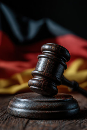 High-resolution close-up of a gavel on a wooden table with the German flag draped behind. Captured in soft ambient light, the image features neutral tones and symmetrical framing.の素材