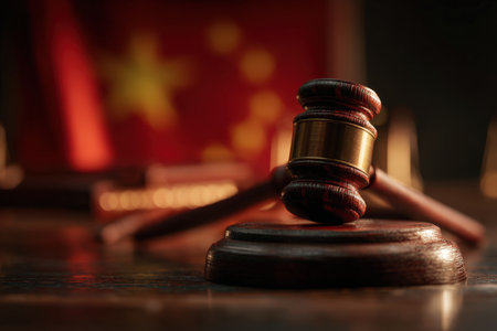 A gavel rests on a wooden judge's desk with the Chinese flag in the background. The image features soft, warm lighting and red and gold reflections, creating a cinematic realism.の素材