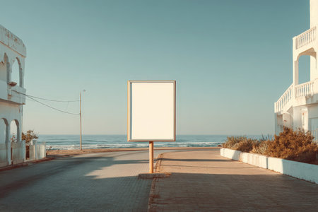 An empty billboard stands on a quiet Mediterranean street, surrounded by white walls and bathed in warm sunlight, offering a calm travel aesthetic with a view of the ocean.の素材