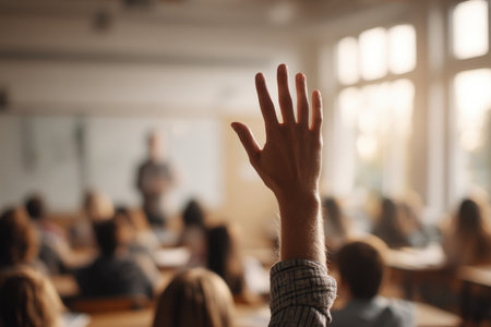 A student's hand is raised in a classroom setting, with a blurred teacher in the background. The scene captures an academic atmosphere with soft daylight, emphasizing educational engagement.の素材