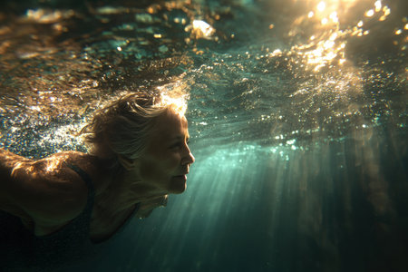 An elderly woman swims gracefully underwater, illuminated by sunlight beams filtering through the surface, creating a serene and dreamlike mood in this cinematic underwater photograph.の素材