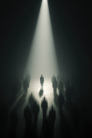 A lone figure stands under a spotlight, encircled by shadowy figures, representing themes of guilt, judgment, and mental stress in a minimalist fine-art style.の素材