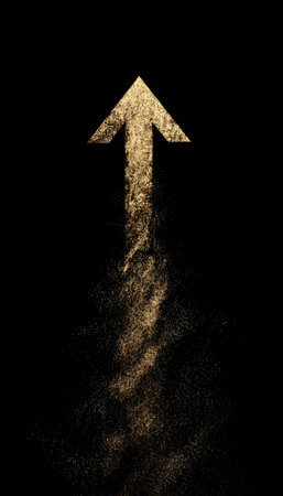 A minimalist image featuring a golden arrow pointing upward, set against a black background. This symbolizes success, ambition, and growth in a sleek, modern style.の素材