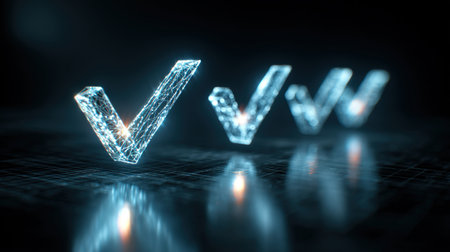 Three glowing checkmarks in a digital hologram style represent successful project completion. The cinematic office lighting enhances the futuristic and professional atmosphere.の素材