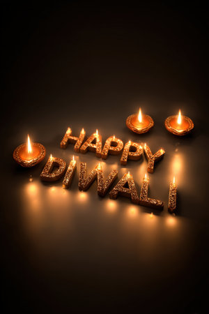 Artistic "Happy Diwali" text formed by glowing diyas, set against a clean background. Soft lighting and shadows create a warm, festive atmosphere for the Diwali celebration.の素材