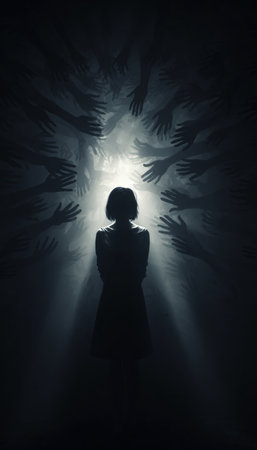 Artistic depiction of a woman illuminated by light, surrounded by shadowy hands symbolizing guilt and accusation. The dramatic atmosphere enhances the theme of emotional conflict.の素材