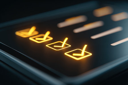 A cinematic macro shot of glowing checklist icons on a digital tablet, symbolizing productivity and success. The minimalistic design emphasizes efficiency and modern technology.の素材