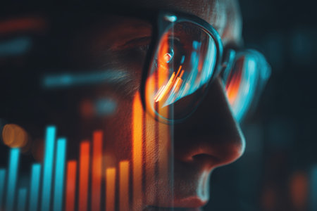 A creative portrait of an entrepreneur with a glowing bar chart reflected in their glasses, symbolizing business insight and innovation. Captured in a professional cinematic style.の素材