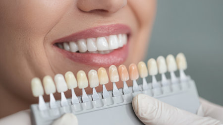 Close-up of a person comparing teeth shades using a color palette. The image highlights a clean, bright smile, emphasizing professional dental aesthetics and clinical realism.の素材