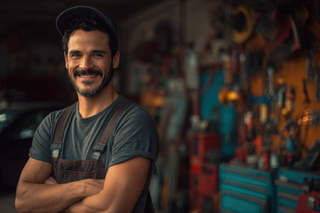 A cheerful mechanic stands confidently in a colorful car garage, surrounded by tools and equipment. The cinematic natural lighting adds a storytelling realism to the vibrant workshop scene.の素材