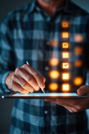 A businessman uses a tablet to check off tasks from a glowing list, symbolizing modern productivity. The image features soft bokeh lighting and cinematic clarity, enhancing focus.の素材