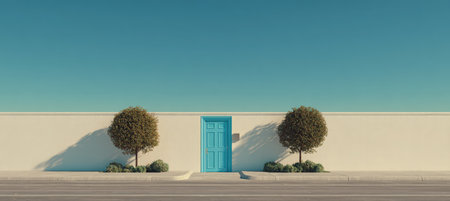 Symmetrical wide shot of a minimalist architectural scene featuring a blue door flanked by two green shrubs. Captured in morning light, highlighting the serene and balanced composition.の素材