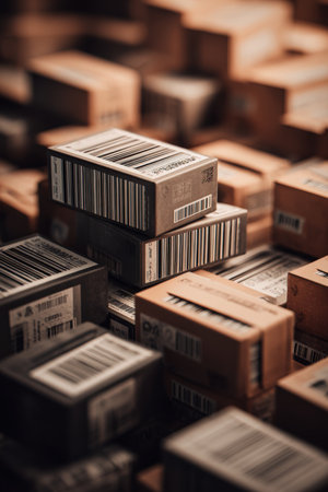 Minimalist macro photograph showcasing stacked boxes with barcode labels. The focus is on order and pattern, enhanced by warm tones, creating a sense of organized realism.の素材