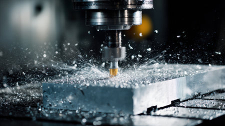 A modern CNC machine precisely drills into a thick aluminum block, with metal shavings flying in a clean, controlled industrial environment, showcasing advanced manufacturing technology.の素材