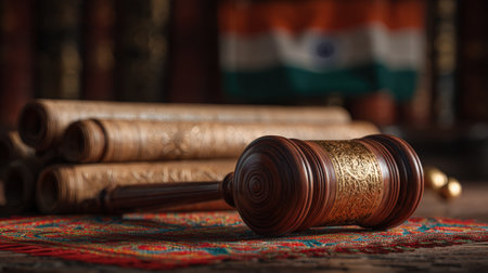 A beautifully crafted wooden gavel rests beside ornate legal scrolls, with the Indian flag softly glowing in the background, symbolizing law and justice in HDR photo realism.の素材