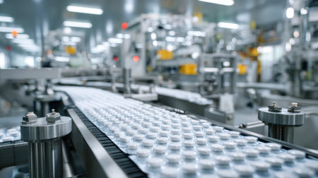 A sterile room in a pharmaceutical plant features pill blister packs moving on an automated conveyor. Machines inspect for defects, ensuring quality control in a bright, clinical setting.の素材