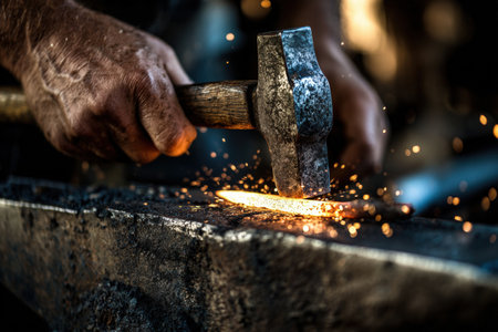 A detailed close-up of a blacksmith forging a glowing metal piece on an anvil with a heavy hammer. Sparks fly in high contrast lighting, highlighting the skilled hands at work.の素材