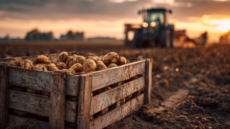 A wooden crate filled with freshly harvested potatoes sits on a vast field at sunset, with a tractor working in the background, creating a warm, nostalgic, cinematic atmosphere.の素材
