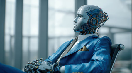 A sophisticated robot with a matte aluminum face and mechanical joints, dressed in a designer blue business suit, sits in a futuristic glass office, illuminated by daylight.の素材