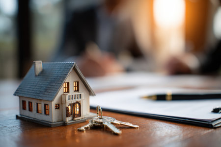 A miniature house model with keys beside it on a table, while a blurred couple signs a contract in the background. The scene is set in a cinematic daylight tone.の素材