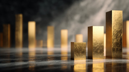 Hand-drawn golden bars symbolize economic success against an elegant, minimalist background with cinematic lighting, creating a sophisticated visual representation.の素材