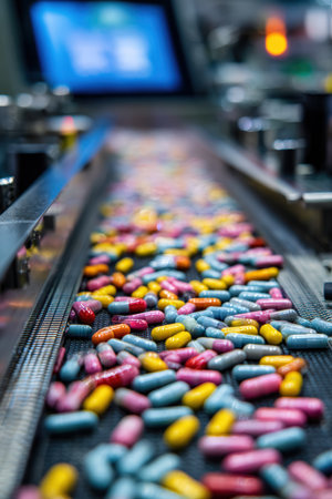 Close-up of capsules being sorted by AI-powered optical sensors on a pharmaceutical line, highlighting precision technology in sorting by color and size for efficient production.の素材