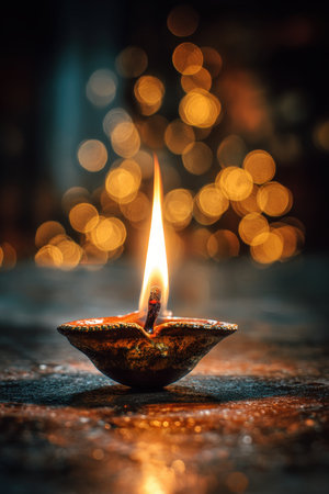 A macro shot of a diya flame with a bokeh background, creating a symbolic and spiritual aesthetic. The warm minimalism highlights the diya's glow, evoking a serene and peaceful ambiance.の素材