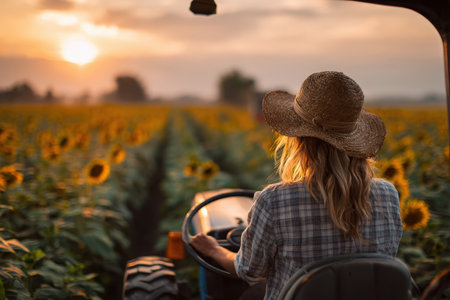 A female farmer drives a tractor through a vibrant sunflower field at sunset, creating a warm, glowing atmosphere. The scene captures a cinematic and joyful rural moment.の素材