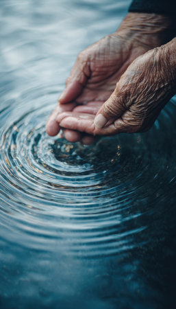 Macro shot of an elderly woman's hands gently resting on water, forming ripples. The image symbolizes tranquility and the passage of time, capturing a serene moment.の素材
