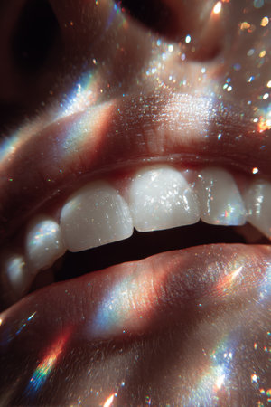 A surreal macro image showcasing a smile with perfect teeth, enhanced by bokeh sparkles and smooth lighting, symbolizing beauty and elegance in a dreamlike setting.の素材