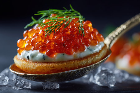 High-resolution macro image of caviar atop a blini with creme fraiche and dill, elegantly served on a mother-of-pearl spoon over crushed ice, showcasing gourmet presentation.の素材