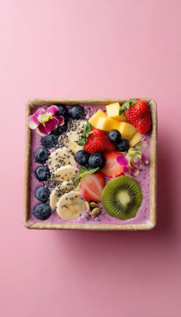 A vibrant smoothie bowl in a square eco-friendly box, topped with fresh fruit slices and seeds, set against a pastel pink background. Perfect for healthy eating and eco-conscious themes.の素材