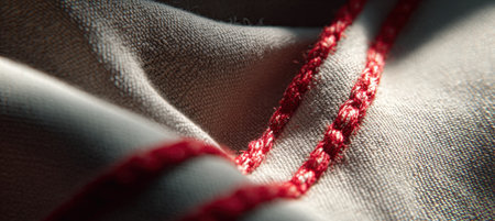 A close-up view of flag fabric with sunlight filtering through, highlighting the glowing red and white threads. The minimalist composition and cinematic lighting evoke warmth and strength.の素材