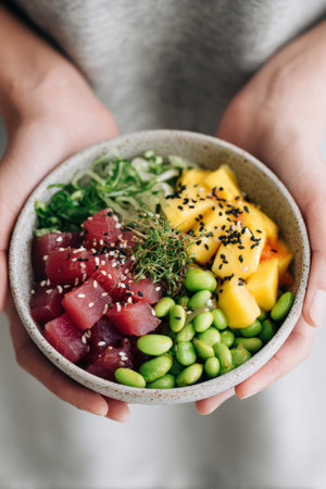 Close-up image of hands holding a colorful poke bowl featuring fresh tuna, edamame, mango, and sesame seeds. The modern food styling is set against a neutral background.の素材