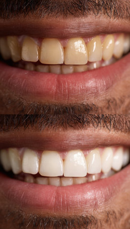Close-up macro image showing the teeth whitening process with a focus on dental shade comparison. Captured in natural soft light, highlighting detailed texture realism.の素材