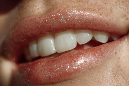 Aesthetic close-up of a mouth with sparkling white teeth and glossy lips. Captured in neutral tones with cinematic beauty lighting, highlighting natural makeup and texture.の素材