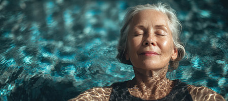 An older woman peacefully practices water yoga, floating with a serene smile. Soft reflections dance on the pool tiles, creating a tranquil, mindful, and zen atmosphere.の素材