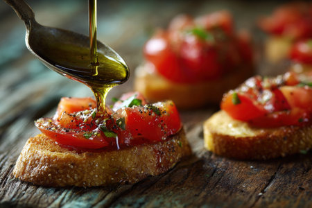 Close-up of olive oil being drizzled from a spoon onto tomato bruschetta. Set against a rustic wooden background with natural shadows, highlighting the fresh ingredients.の素材