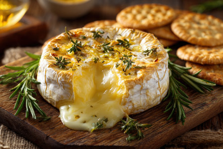 Delicious baked camembert with a golden crust, oozing cheese, surrounded by crackers and rosemary sprigs on a rustic wooden background, creating an inviting and savory presentation.の素材