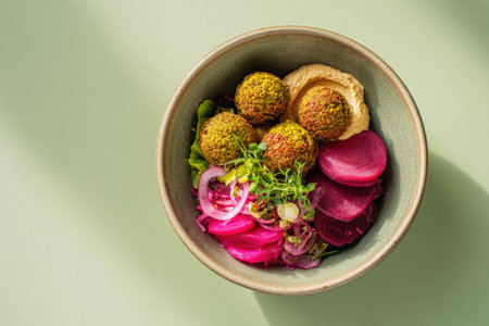 A beautifully styled vegan lunch bowl featuring falafel, hummus, beets, and pickled onions. Presented with ceramic props on a pale green backdrop, perfect for healthy eating concepts.の素材