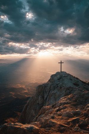 Aerial view of a cross on a mountain peak overlooking a valley at sunrise. The American flag is visible in the distance, evoking themes of faith, endurance, and adventure.の素材