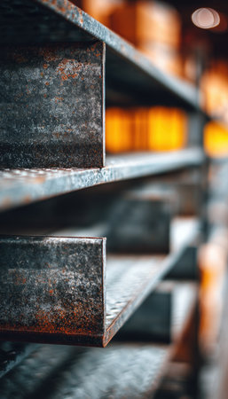 Close-up macro image of a metal shelf showcasing its textured surface. The background features blurred boxes, highlighting an industrial aesthetic with a minimalistic focus.の素材