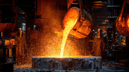 A stream of molten metal pours from a crucible into a casting mold in a dark foundry. The scene glows bright orange, highlighting the intense heat as workers in protective suits oversee the process.の素材