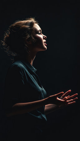 Photorealistic image of a student delivering a passionate speech. Captured in a vertical frame with cinematic lighting and a dark background, highlighting expressive gestures.の素材