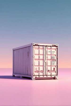 A clean, minimalist render of a standardized 20-foot cargo container set against a solid pastel background. The image features crisp lines and minimal shadows, ideal for web or infographic use.の素材