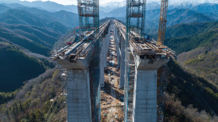 Aerial panoramic view of a large rail viaduct under construction, featuring massive concrete segments and scaffolding towers amidst a mountainous landscape.の素材