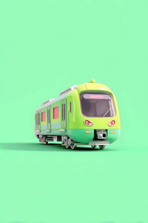 Simplified 3D icon-style train model on a pastel green background. Ideal for app onboarding screens or explainer visuals, featuring a clean and playful design.の素材